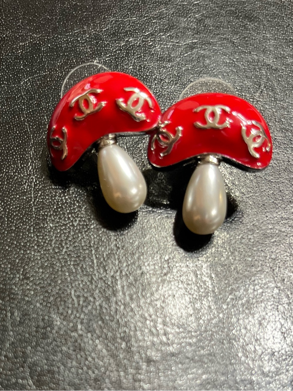 ChaneI Vintage Red Signature Logo Mushroom HTF Earrings
